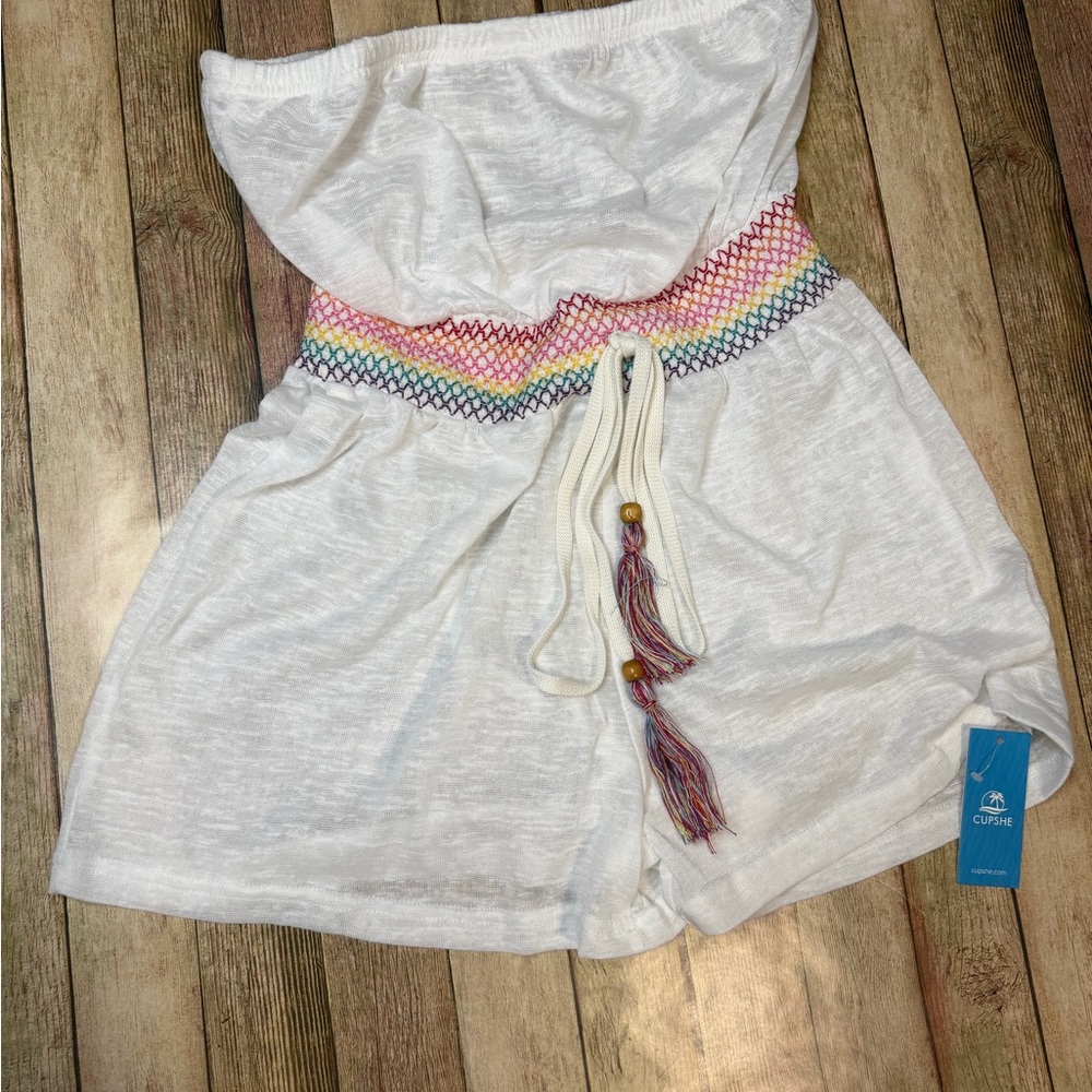 Cupshe White Strapless Romper with Rainbow Smocked Waist
